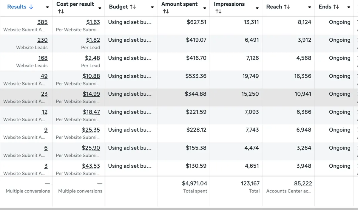 Meta Ads report: 385 website leads at $1.63 cost per lead