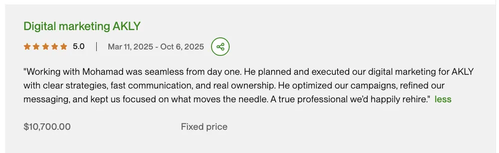 Five-star Upwork review 2 for MAG Growth