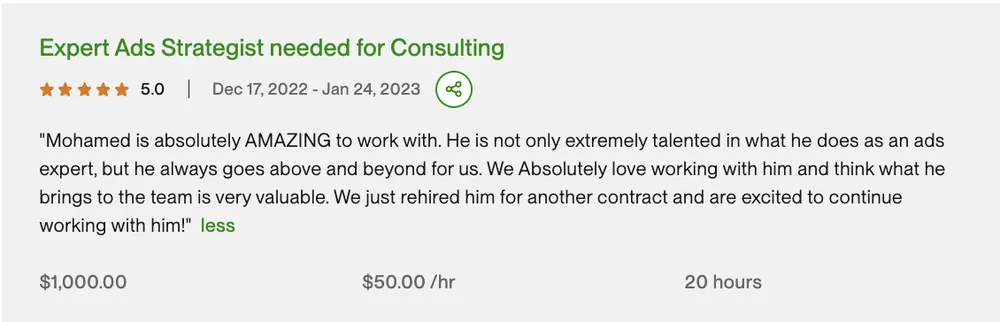Five-star Upwork review 9 for MAG Growth