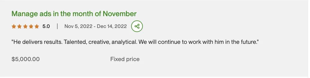 Five-star Upwork review 12 for MAG Growth